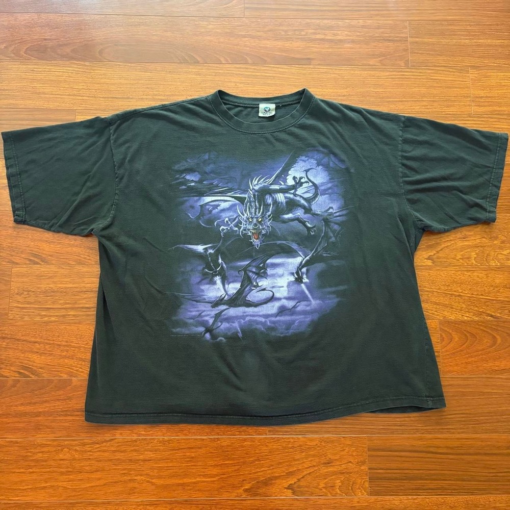 2002 Liquid Blue Dragon Fantasy Graphic T Shirt Black Men's 2XL USA Vintage